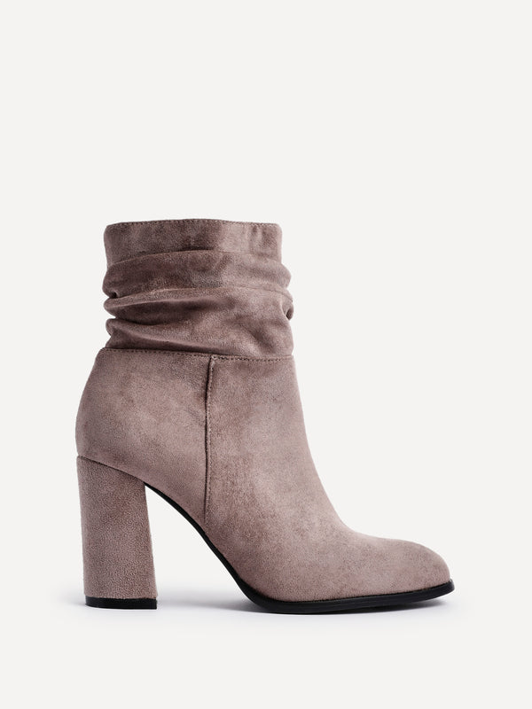 Linzi Mocha Faux Suede Ruched Square Toe Block Heeled Ankle Boot
