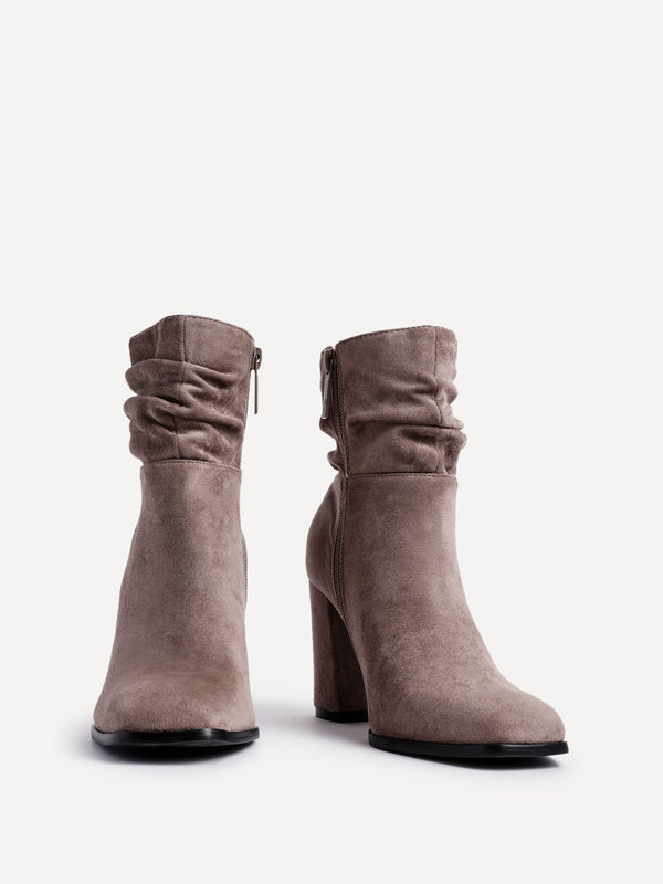 Linzi Mocha Faux Suede Ruched Square Toe Block Heeled Ankle Boot