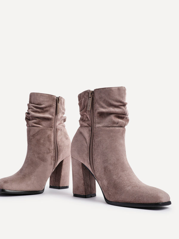 Linzi Mocha Faux Suede Ruched Square Toe Block Heeled Ankle Boot