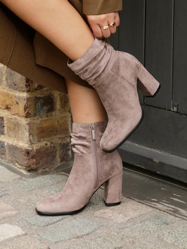 linzi Mocha Faux Suede Ruched Square Toe Block Heeled Ankle Boot