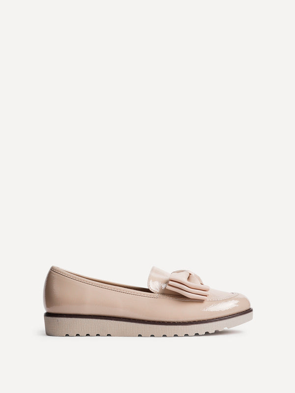 Linzi Mocha Patent Classic Slip On Loafer With Fabric Bow Detail