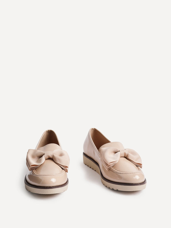 Linzi Mocha Patent Classic Slip On Loafer With Fabric Bow Detail