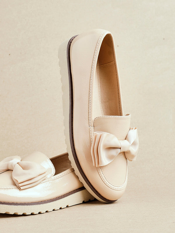 linzi Mocha Patent Classic Slip On Loafer With Fabric Bow Detail