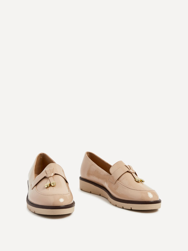 Linzi Mocha Patent Faux Leather Loafer With Brown Rand