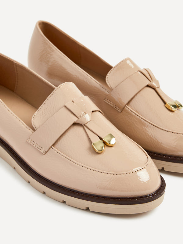 Linzi Mocha Patent Faux Leather Loafer With Brown Rand