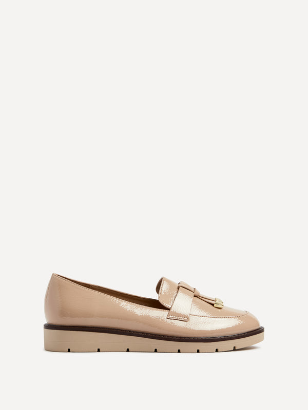 Linzi Mocha Patent Faux Leather Loafer With Brown Rand