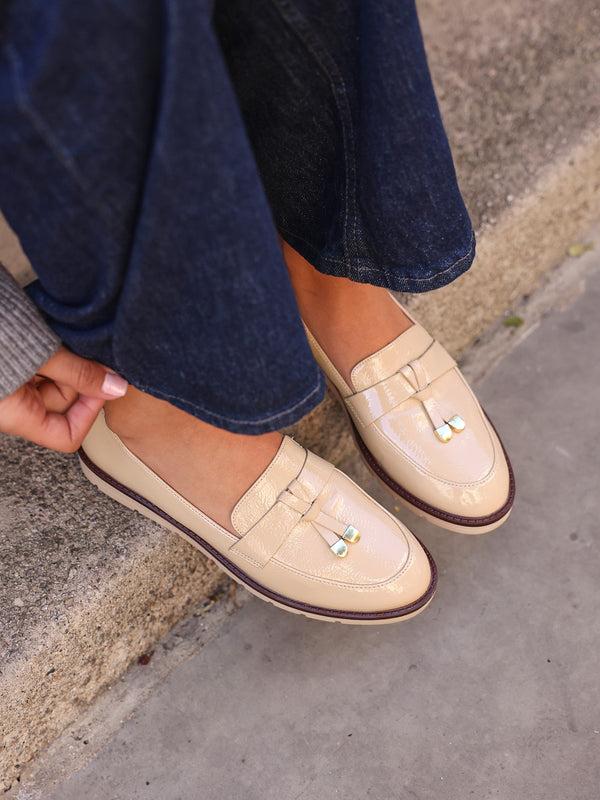 linzi Mocha Patent Faux Leather Loafer With Brown Rand