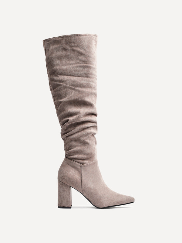 Linzi Mocha Suede Block Heel Knee High Ruched Boot With Pointed Toe