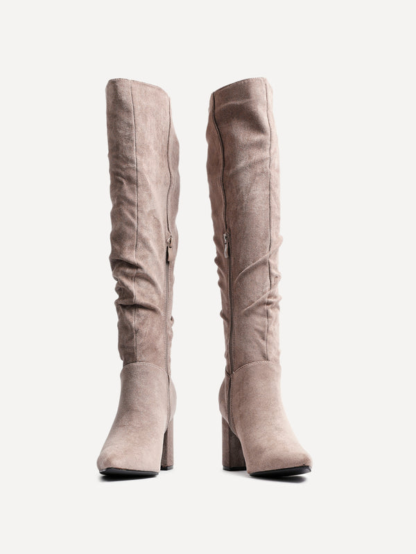 Linzi Mocha Suede Block Heel Knee High Ruched Boot With Pointed Toe