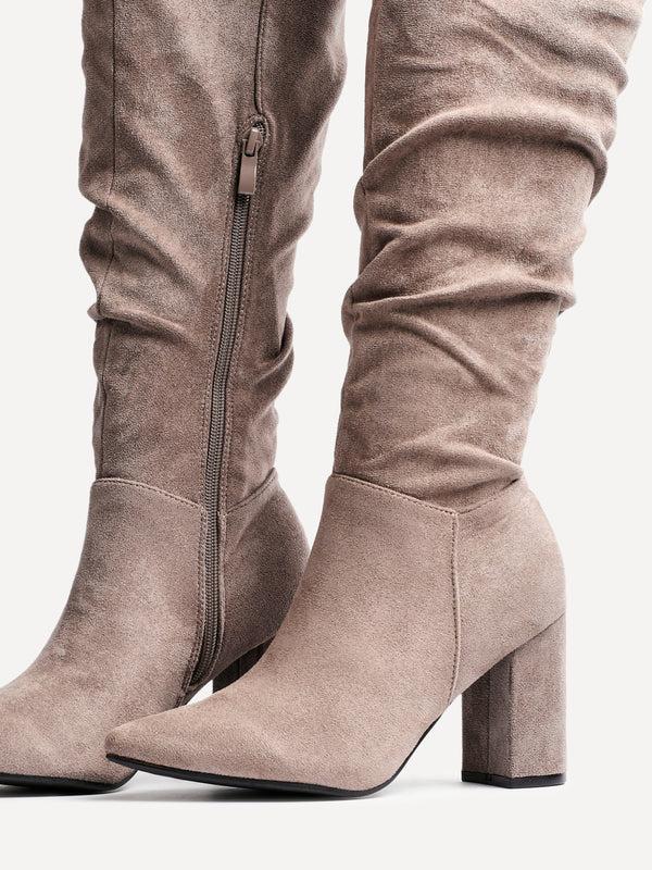 Linzi Mocha Suede Block Heel Knee High Ruched Boot With Pointed Toe
