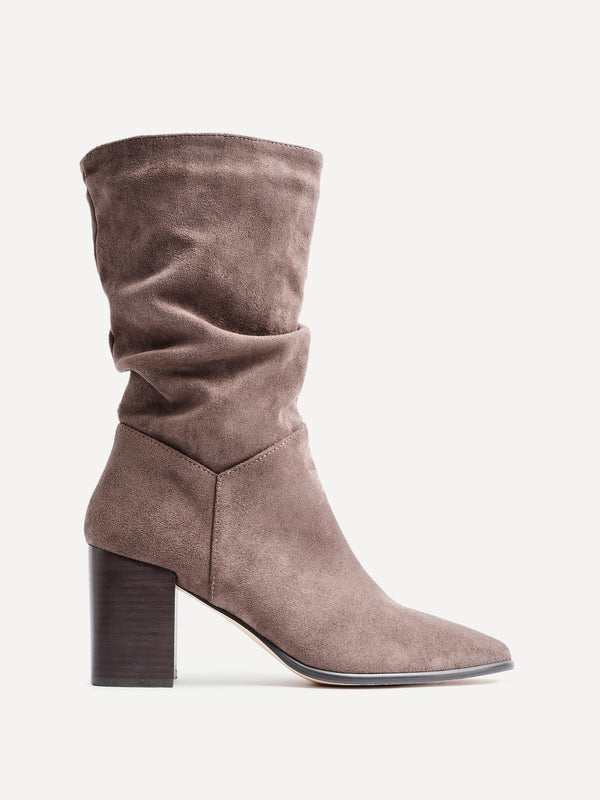 Linzi Mocha Suede Western Style Ruched Boot With Leather Stacked Heel