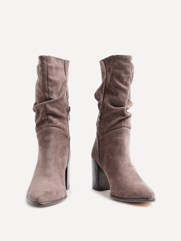 Linzi Mocha Suede Western Style Ruched Boot With Leather Stacked Heel