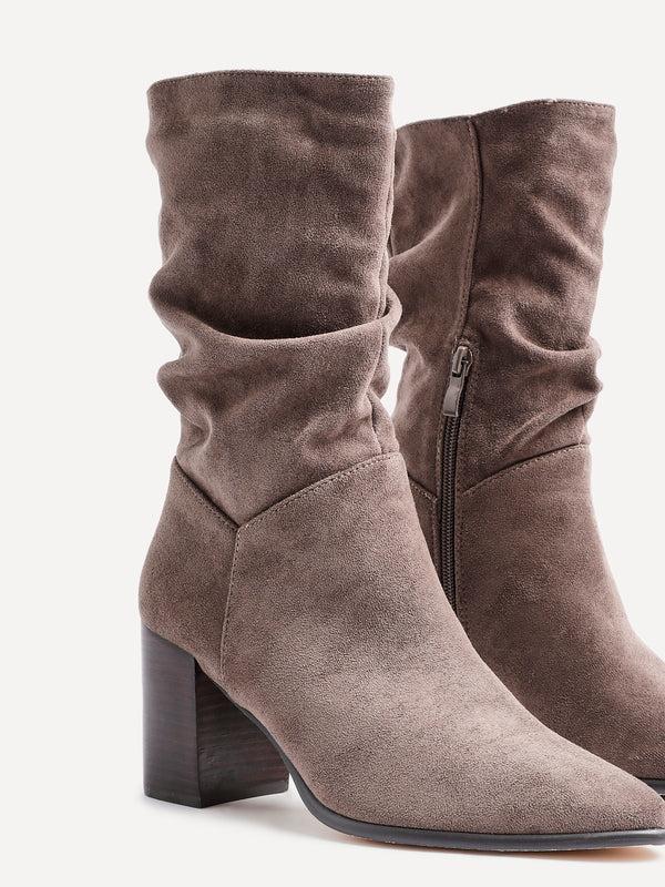 Linzi Mocha Suede Western Style Ruched Boot With Leather Stacked Heel