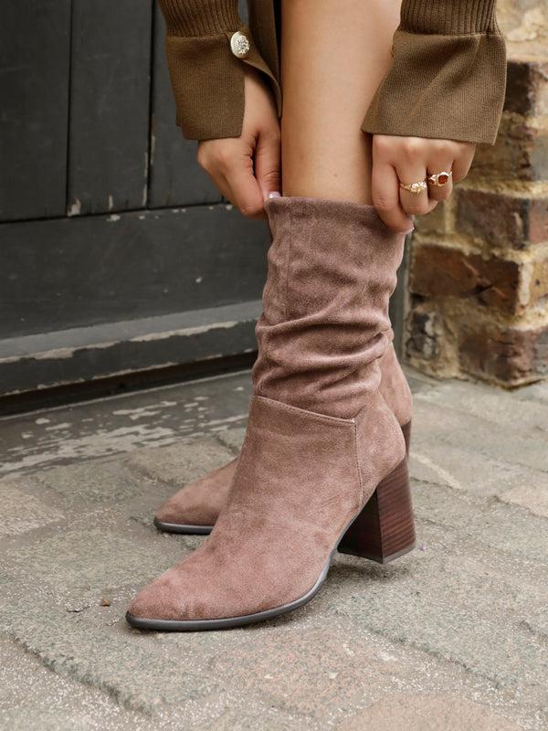 linzi Mocha Suede Western Style Ruched Boot With Leather Stacked Heel