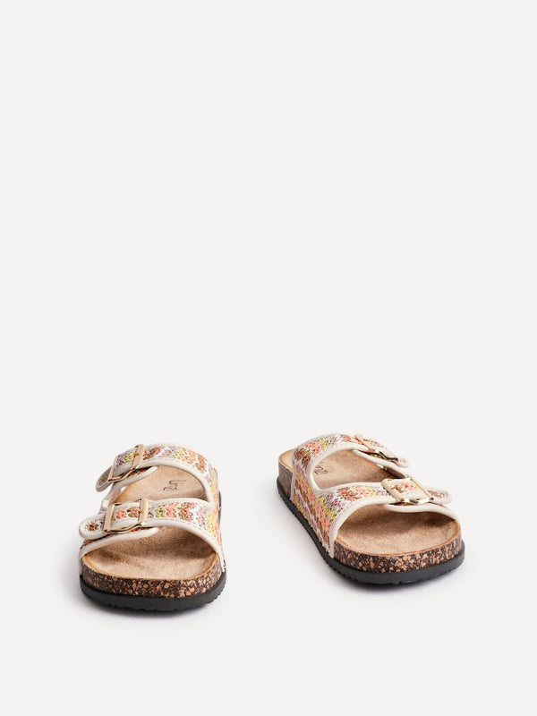 Linzi Multi Coloured Raffia Footbed Double Buckle Flat Sandal