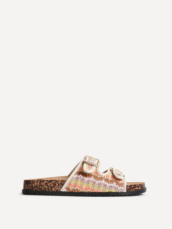 Linzi Multi Coloured Raffia Footbed Double Buckle Flat Sandal