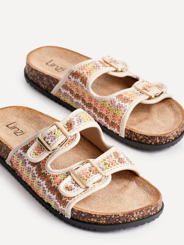 Linzi Multi Coloured Raffia Footbed Double Buckle Flat Sandal