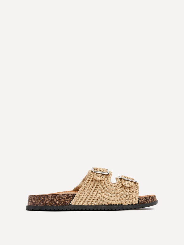 Linzi Natural Raffia Footbed Double Buckle Flat Sandal