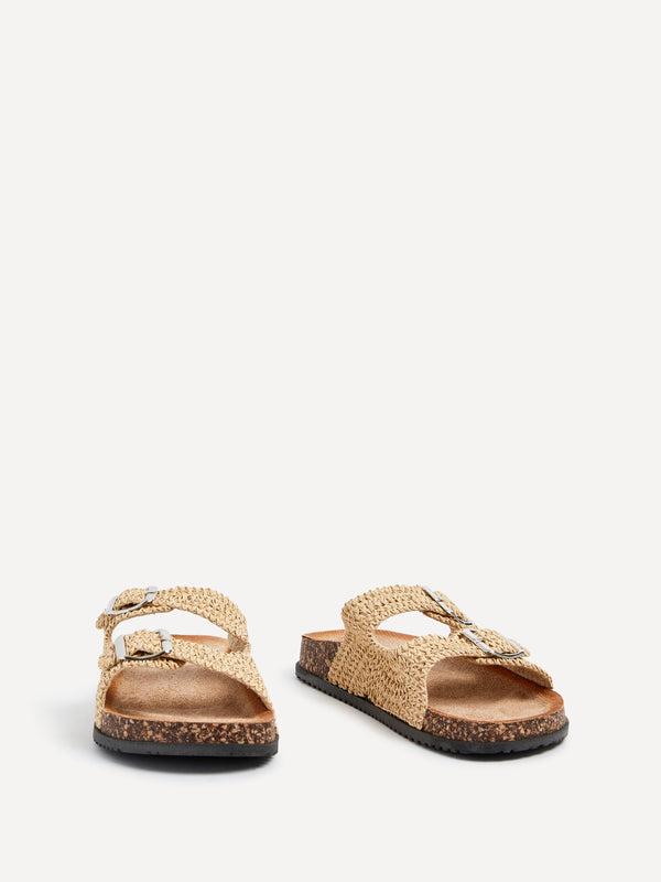 Linzi Natural Raffia Footbed Double Buckle Flat Sandal