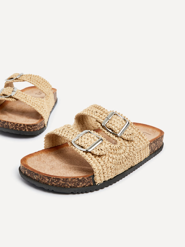 Linzi Natural Raffia Footbed Double Buckle Flat Sandal