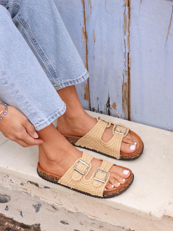 linzi Natural Raffia Footbed Double Buckle Flat Sandal