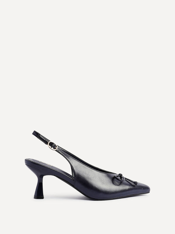 Linzi Navy Faux Leather Slingback Court Heel With Front Bow Detail