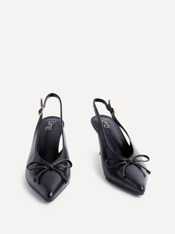 Linzi Navy Faux Leather Slingback Court Heel With Front Bow Detail