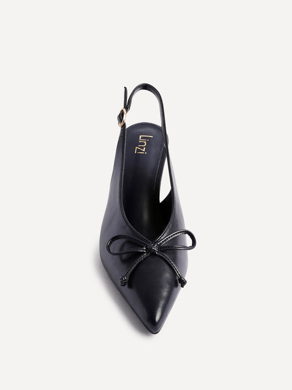 Linzi Navy Faux Leather Slingback Court Heel With Front Bow Detail