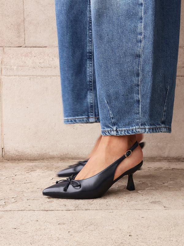 linzi Navy Faux Leather Slingback Court Heel With Front Bow Detail