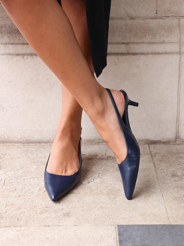 linzi Navy Faux Leather Slingback Kitten Court Heels