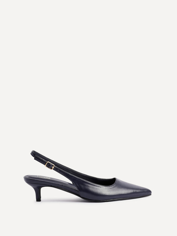 Linzi Navy Faux Leather Slingback Kitten Court Heels