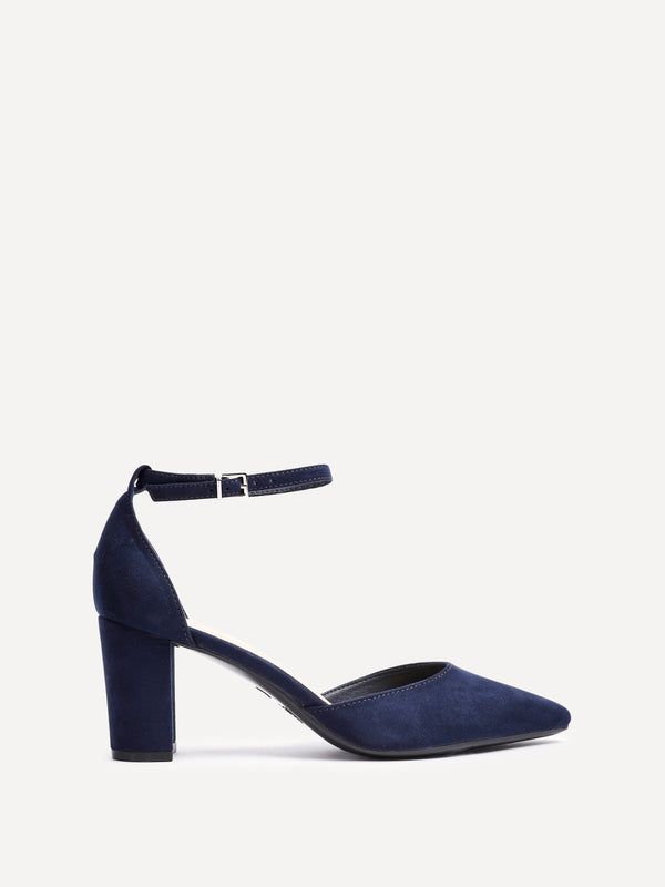 Linzi Navy Faux Suede Closed Back Block Heeled Court Shoe