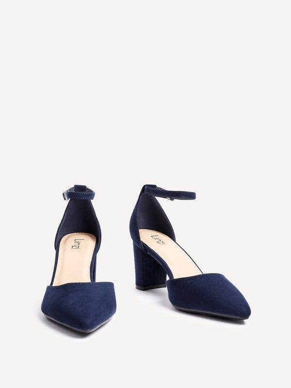 Linzi Navy Faux Suede Closed Back Block Heeled Court Shoe