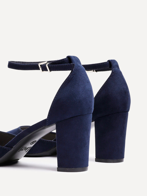 Linzi Navy Faux Suede Closed Back Block Heeled Court Shoe