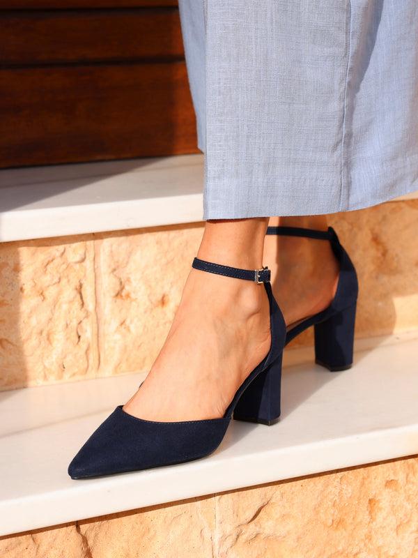 linzi Navy Faux Suede Closed Back Block Heeled Court Shoe