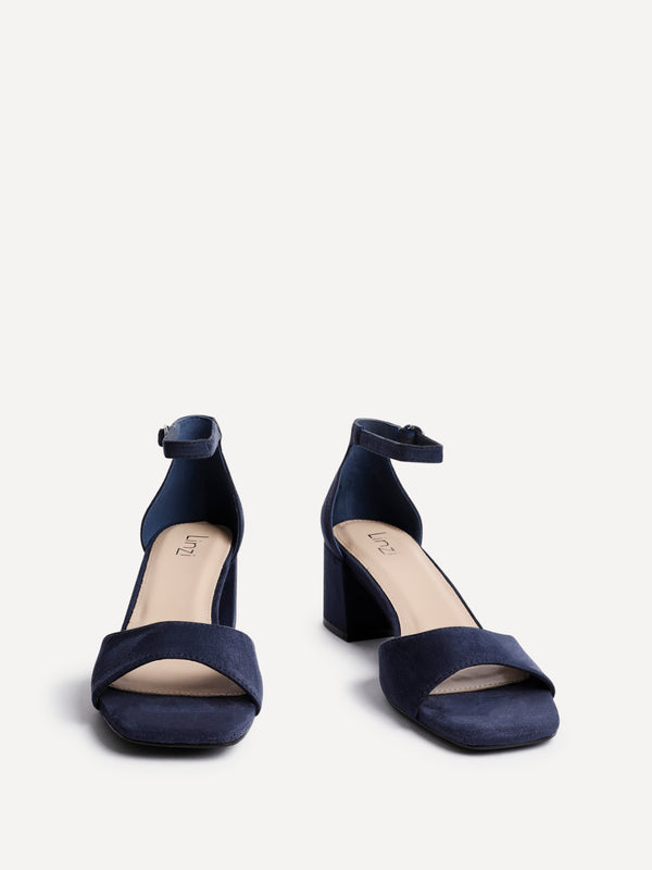 Linzi Navy Faux Suede Closed Back Block Heeled Sandals