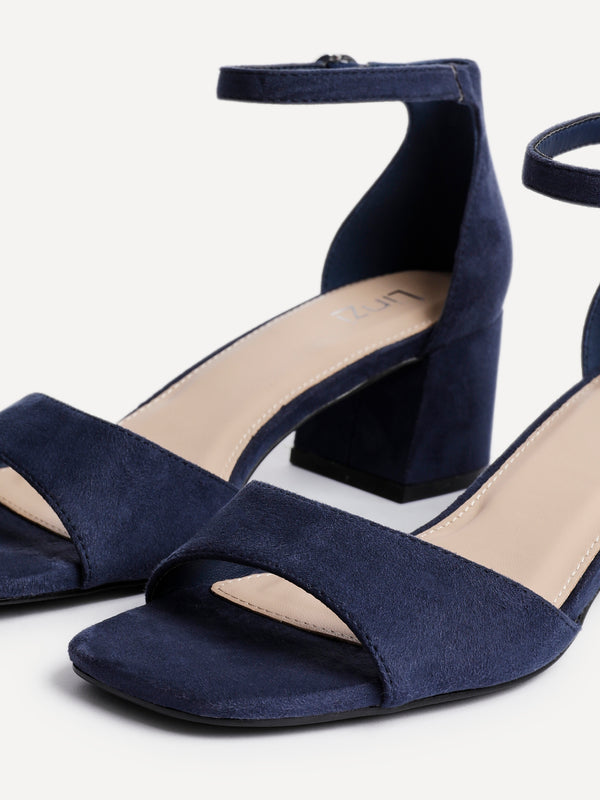 Linzi Navy Faux Suede Closed Back Block Heeled Sandals