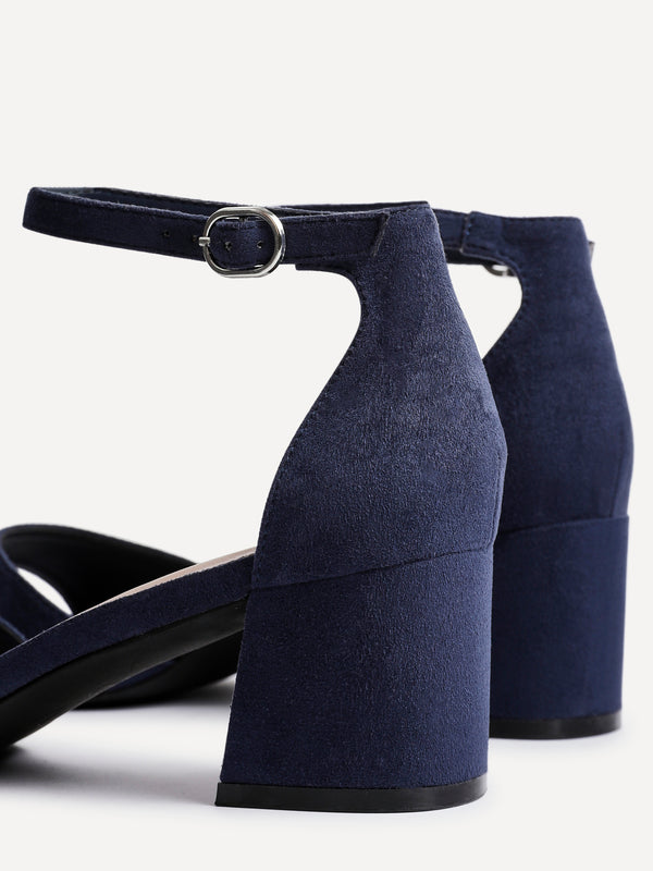 Linzi Navy Faux Suede Closed Back Block Heeled Sandals