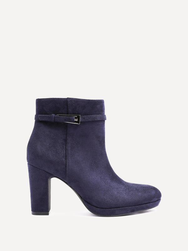 Linzi Navy Faux Suede Heeled Ankle Boot With Buckle Accent