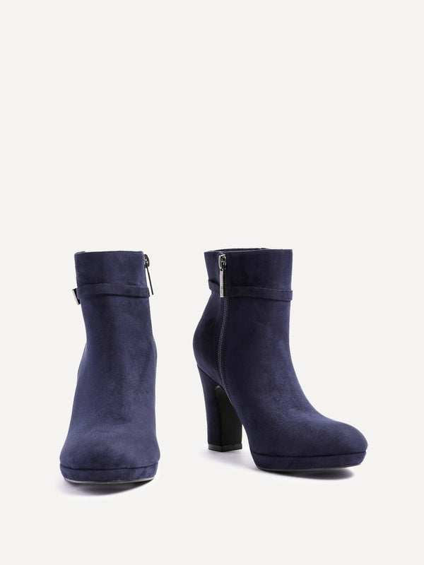 Linzi Navy Faux Suede Heeled Ankle Boot With Buckle Accent