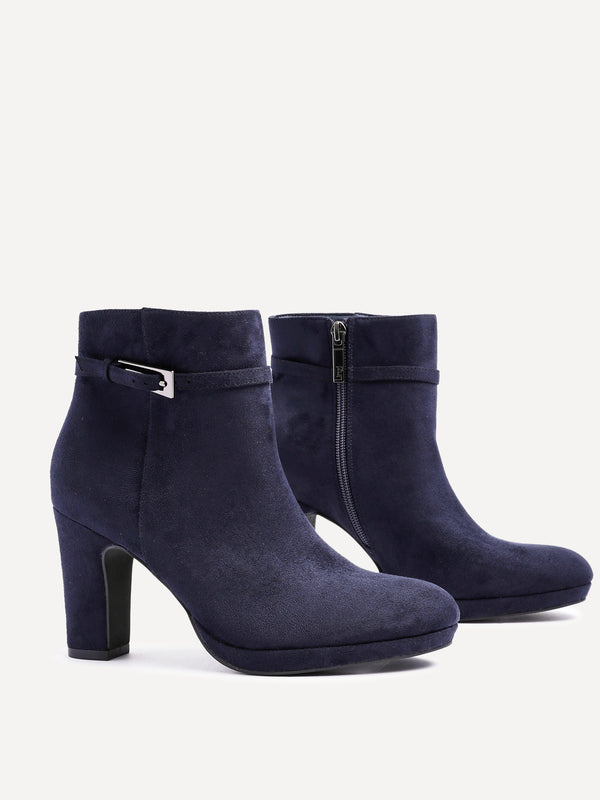Linzi Navy Faux Suede Heeled Ankle Boot With Buckle Accent