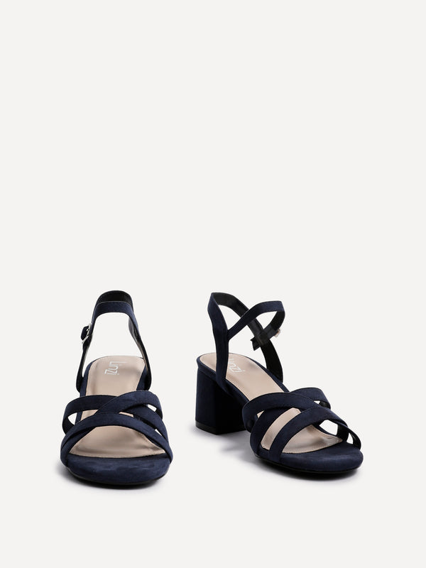 Linzi Navy Faux Suede Heeled Sandals With Crossover Straps
