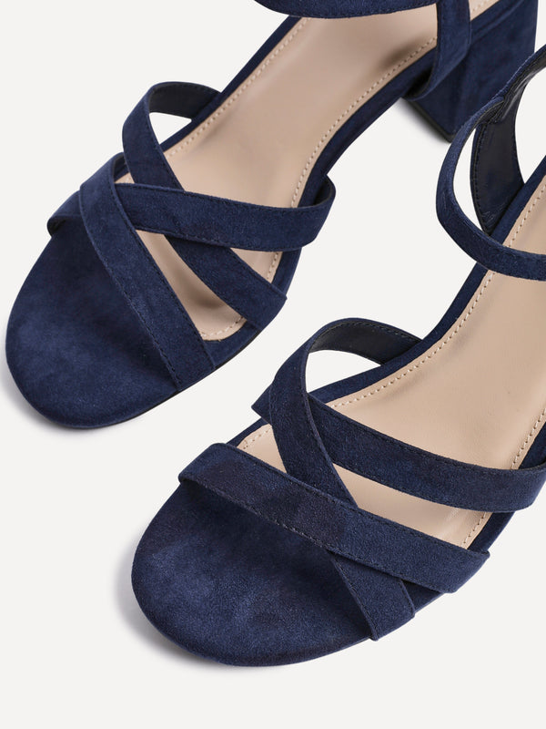 Linzi Navy Faux Suede Heeled Sandals With Crossover Straps
