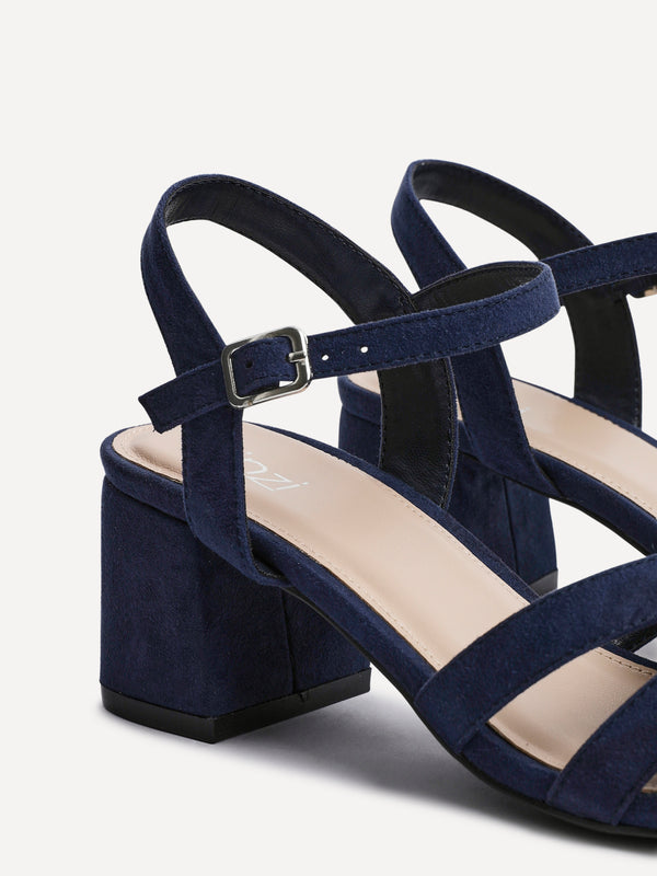 Linzi Navy Faux Suede Heeled Sandals With Crossover Straps