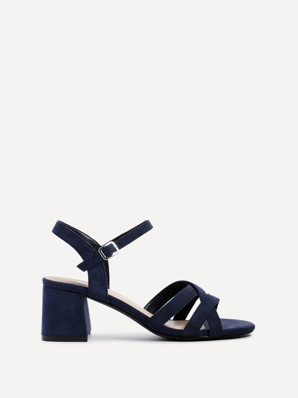 linzi Navy Faux Suede Heeled Sandals With Crossover Straps