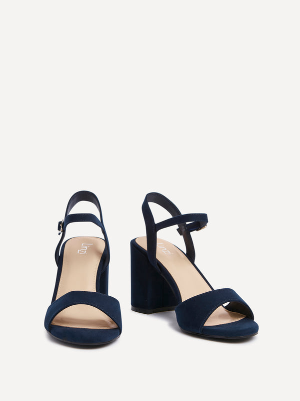 Linzi Navy Faux Suede Open Back Barely There Block Heel