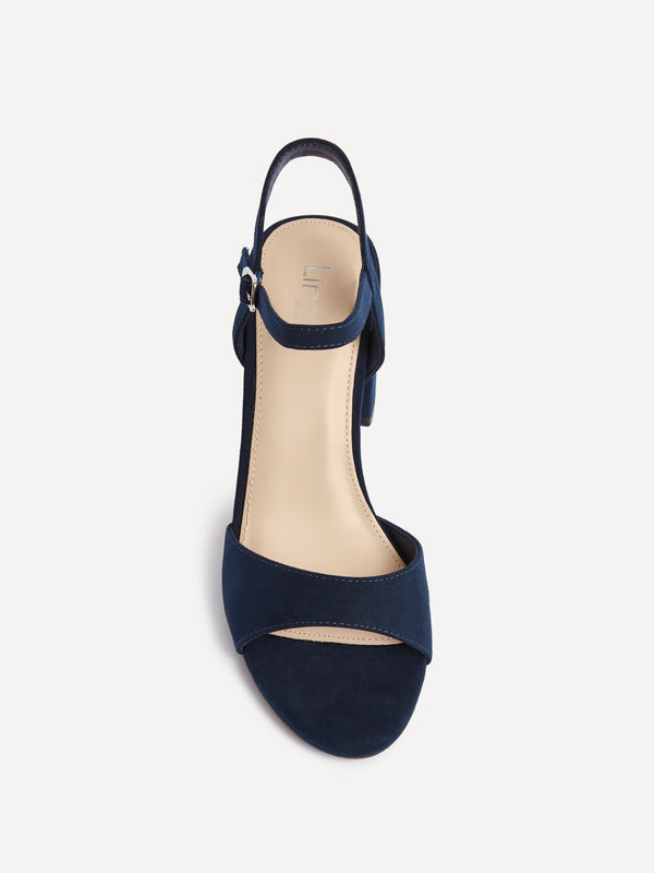 Linzi Navy Faux Suede Open Back Barely There Block Heel