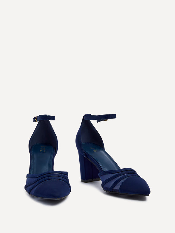 Linzi Navy Scuba Block Court Heel With Mesh Front Detail