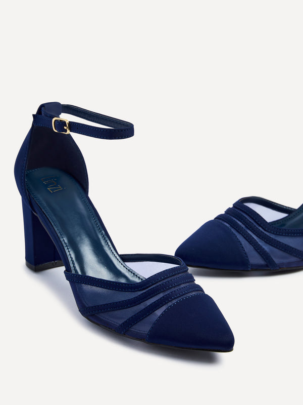 Linzi Navy Scuba Block Court Heel With Mesh Front Detail