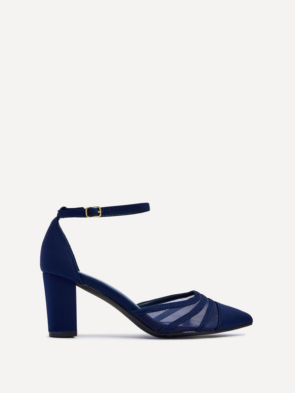 linzi Navy Scuba Block Court Heel With Mesh Front Detail
